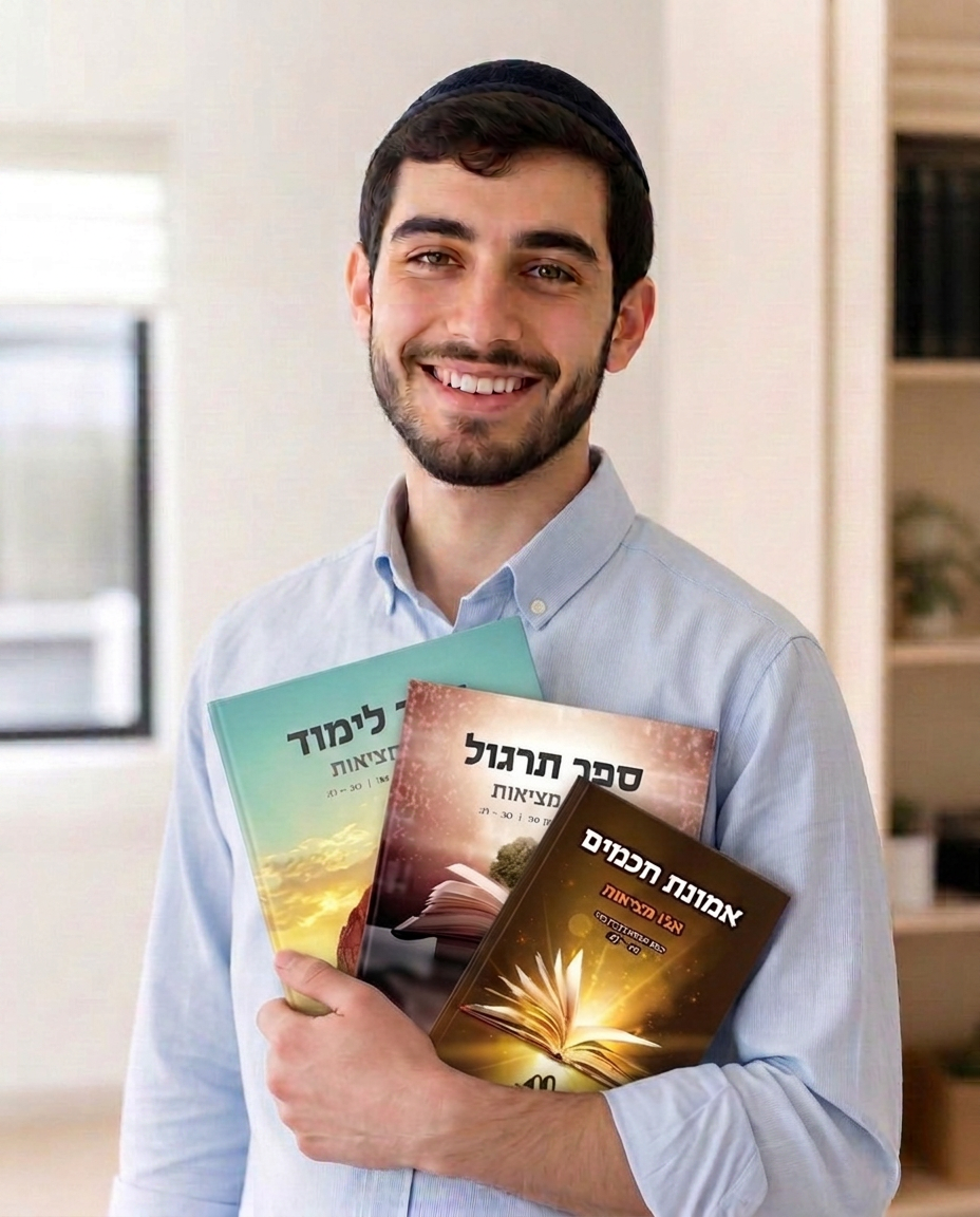 תלמיד מחייך מחזיק ערכת לימוד של בוני התלמוד